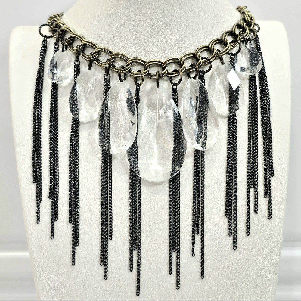 Vtg Joan Rivers Lucite Crystal Drop Statement Necklace Fringe Chain Runway